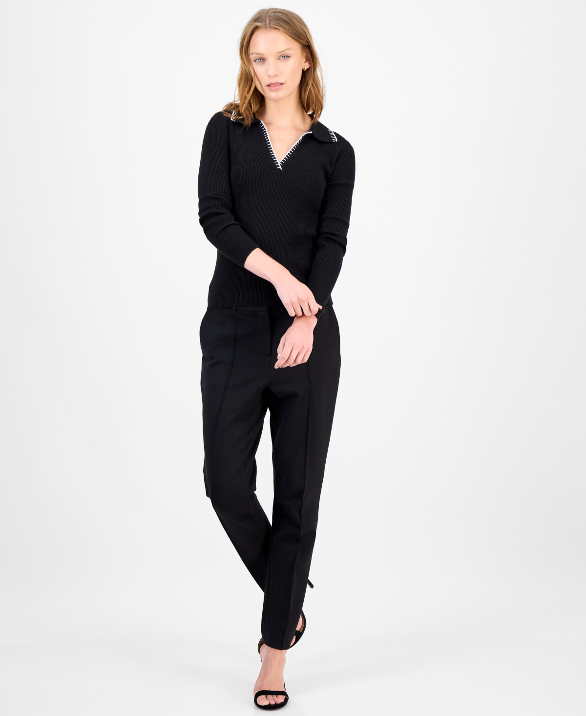 T Tahari Women's Ribbed-Knit Polo Top