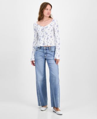 Juniors' Mid-Rise Lace-Seamed Baggy Jeans
