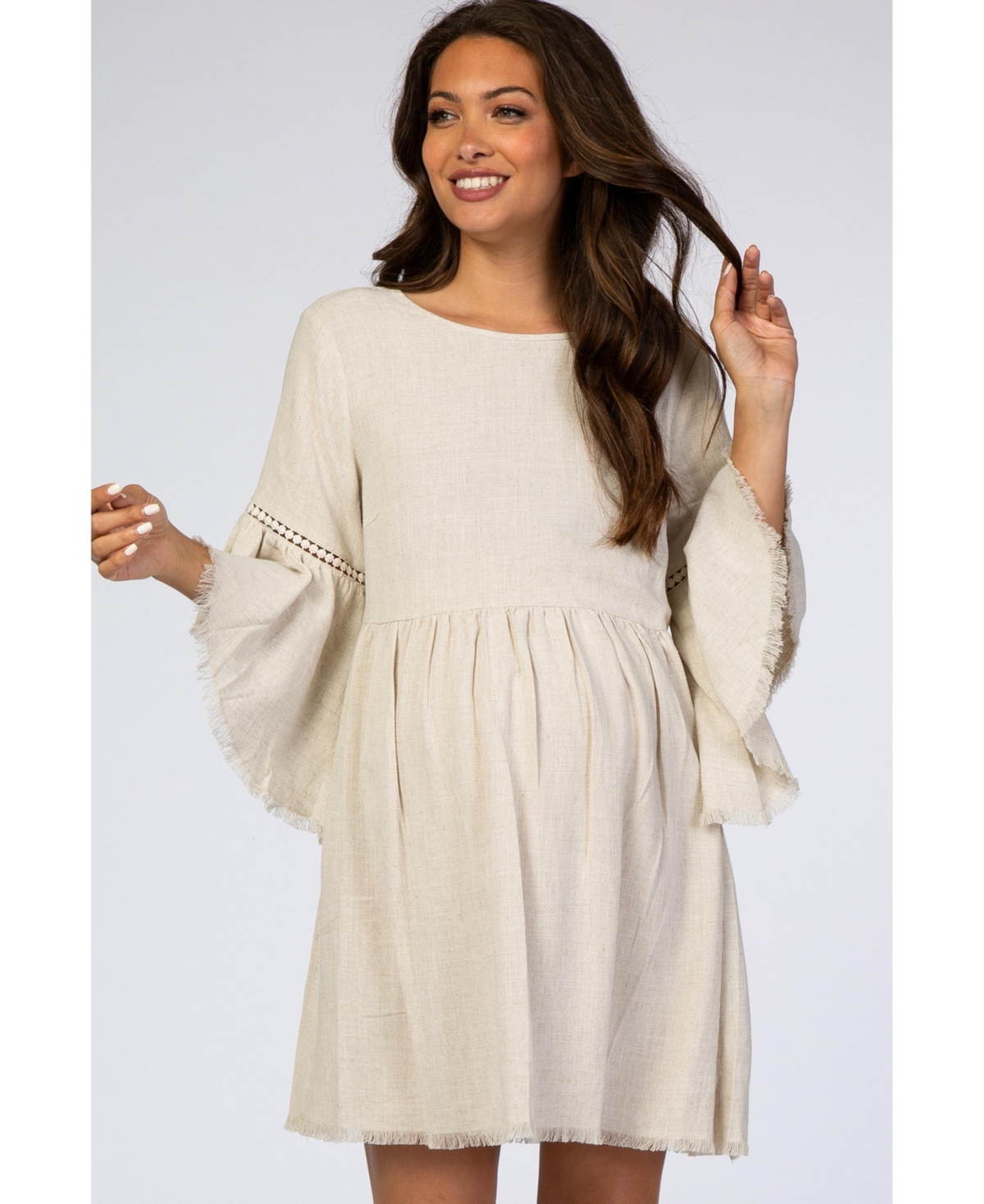 Beige Raw Edge Bell Sleeve Babydoll Maternity Dress - Cream
