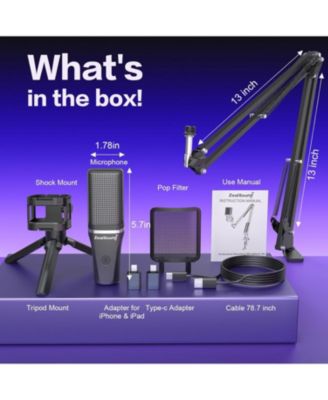 Gaming USB Microphone, Noise-Canceling Condenser Mic with RGB, Mute, Gain, Monitoring, Boom Arm, Pop Filter for PC, PS4, PS5, Twitch