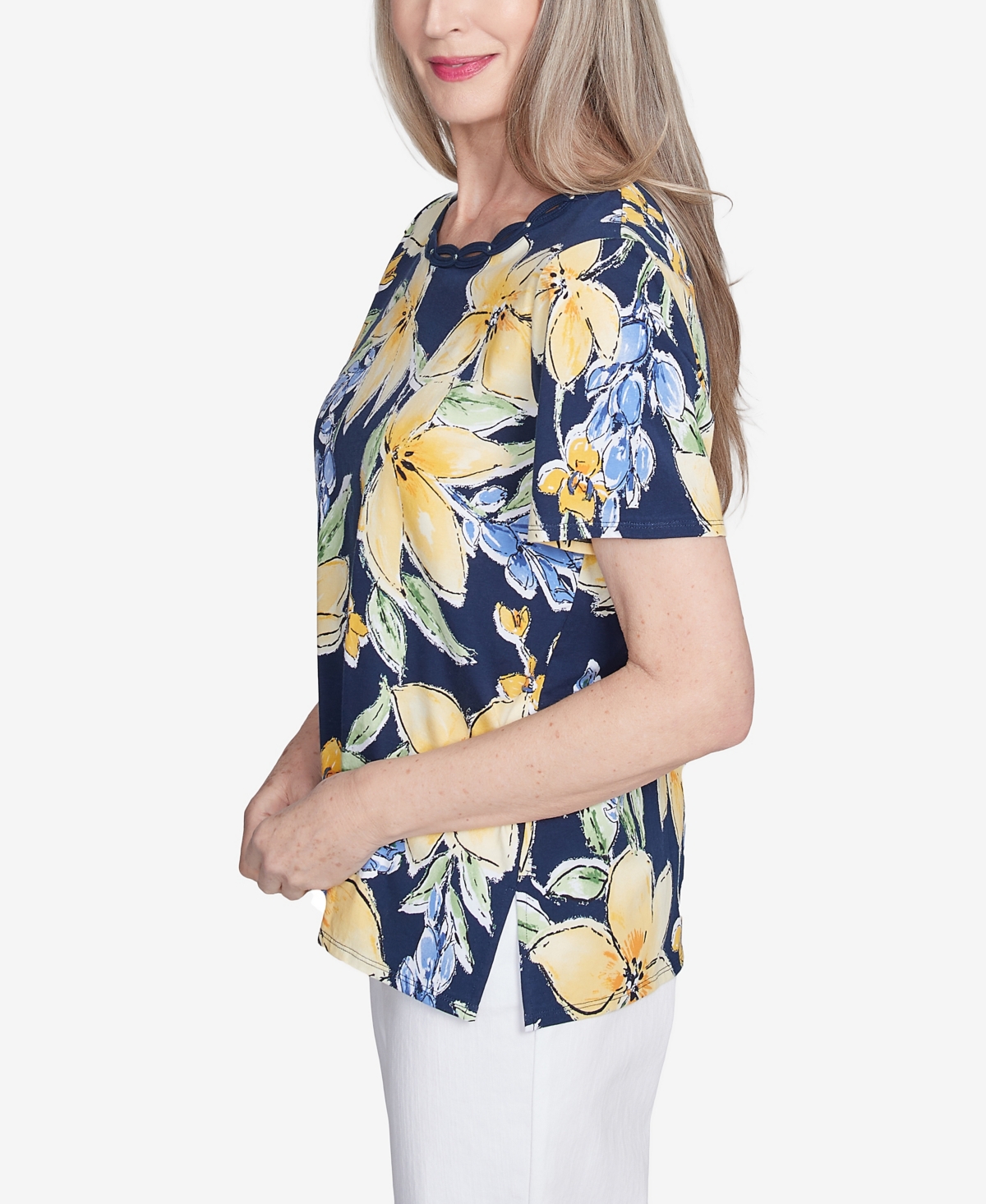 Alfred Dunner Petite Navy Floral Braided Crew Neck Top In Blue