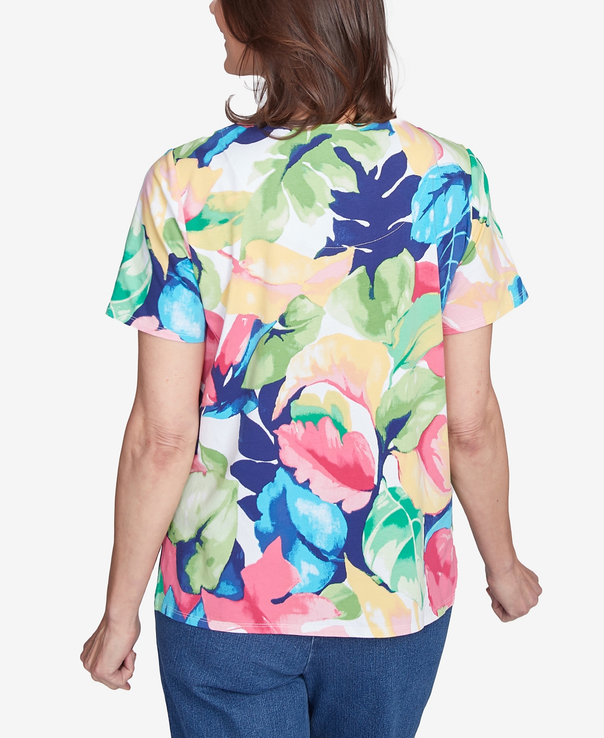 Alfred Dunner Petite Tropical Leaf Split Beaded Neck Top In Multi