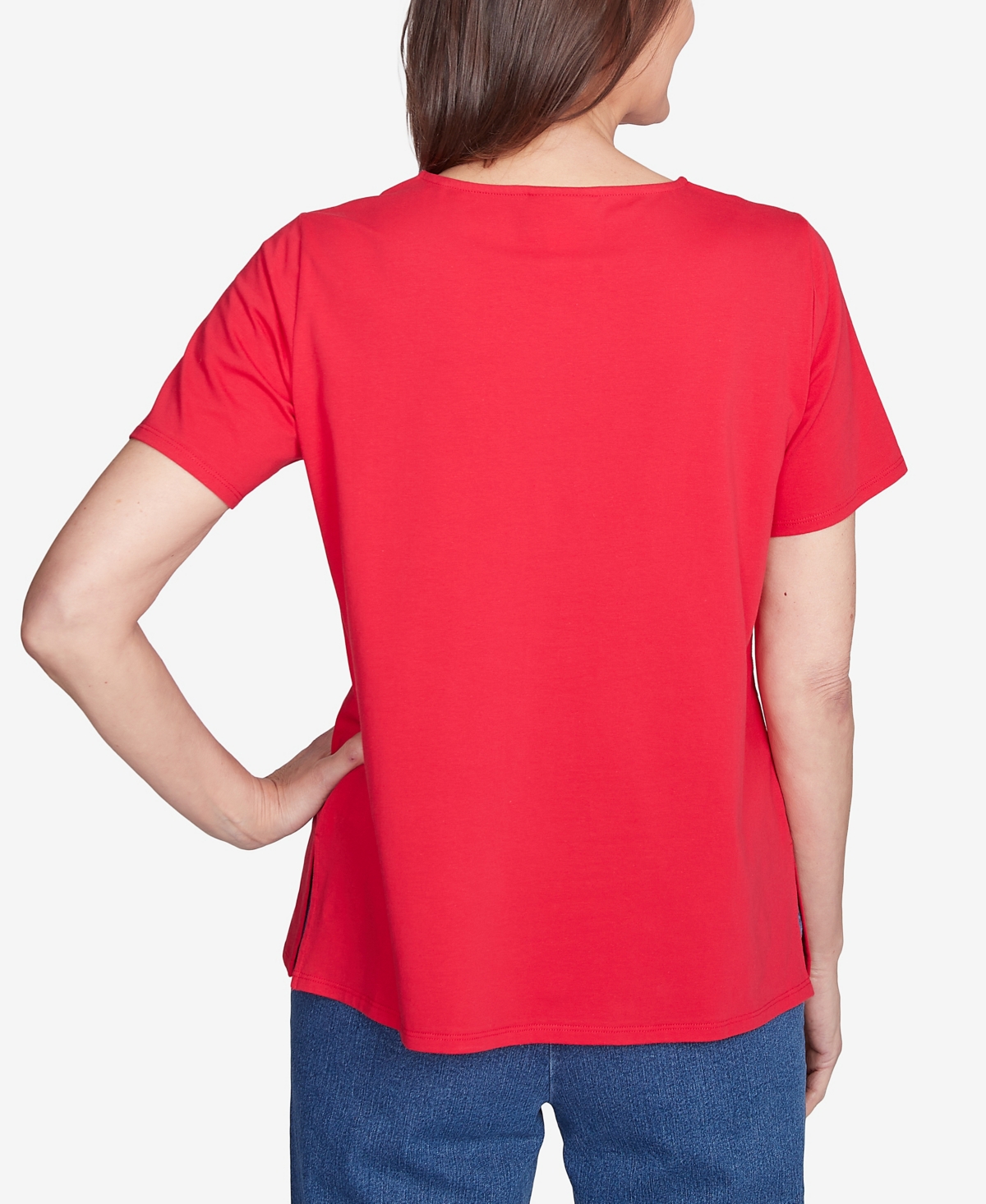Alfred Dunner Petite Dazzling Shooting Stars With Beaded Split Neck Top In Red