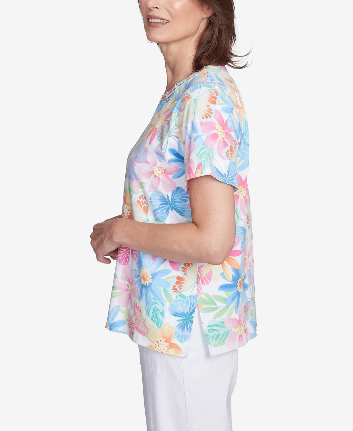 Alfred Dunner Petite Spring Butterfly Crew Neck Top In Multi