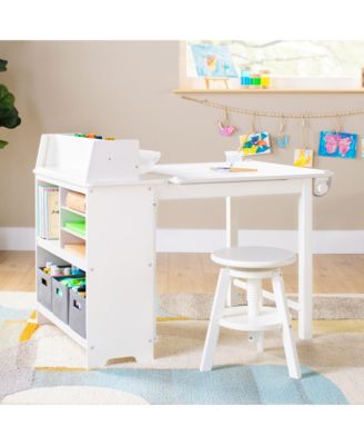 Design Studio – White: 3-in-1 Kids Art Table & Stool, Writing, Painting & Drafting Table w/ Craft Storage & Bins, Art Easel with Paper Roll