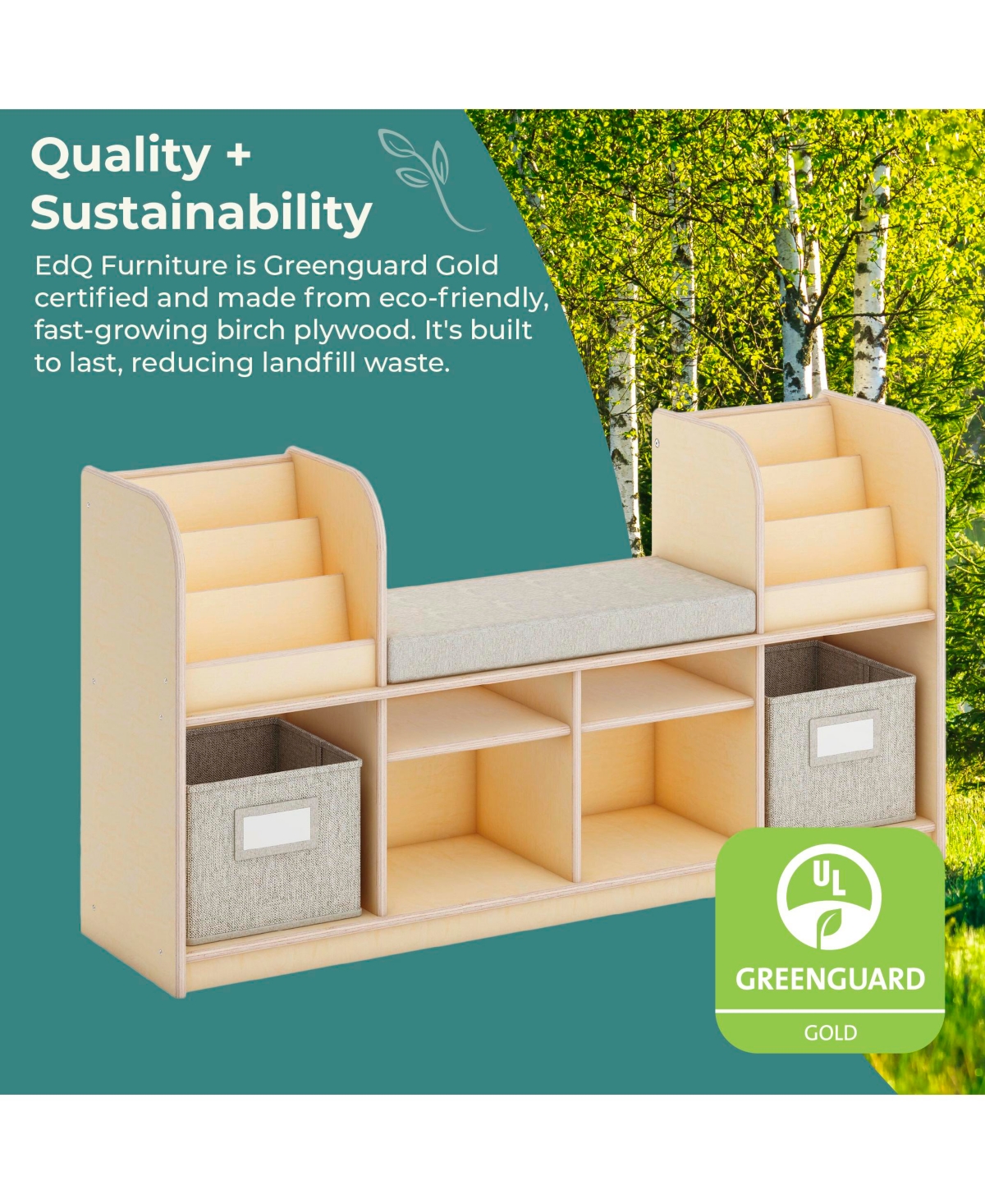Guidecraft EdQ Reading Nook - Natural: Children's Wooden Bedroom Bench, Kids' Bookshelf, Toy Cubby Organizer and Cube Storage