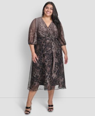 DKNY - Plus Size Ombr&eacute; Printed Balloon-Sleeve Faux-Wrap Dress
