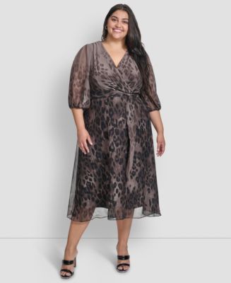 DKNY Plus Size Ombré Printed Balloon-Sleeve Faux-Wrap Dress