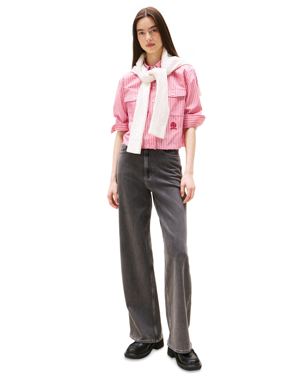 Tommy Jeans Women's Cotton Crop Button-front Crest Shirt In Pink
