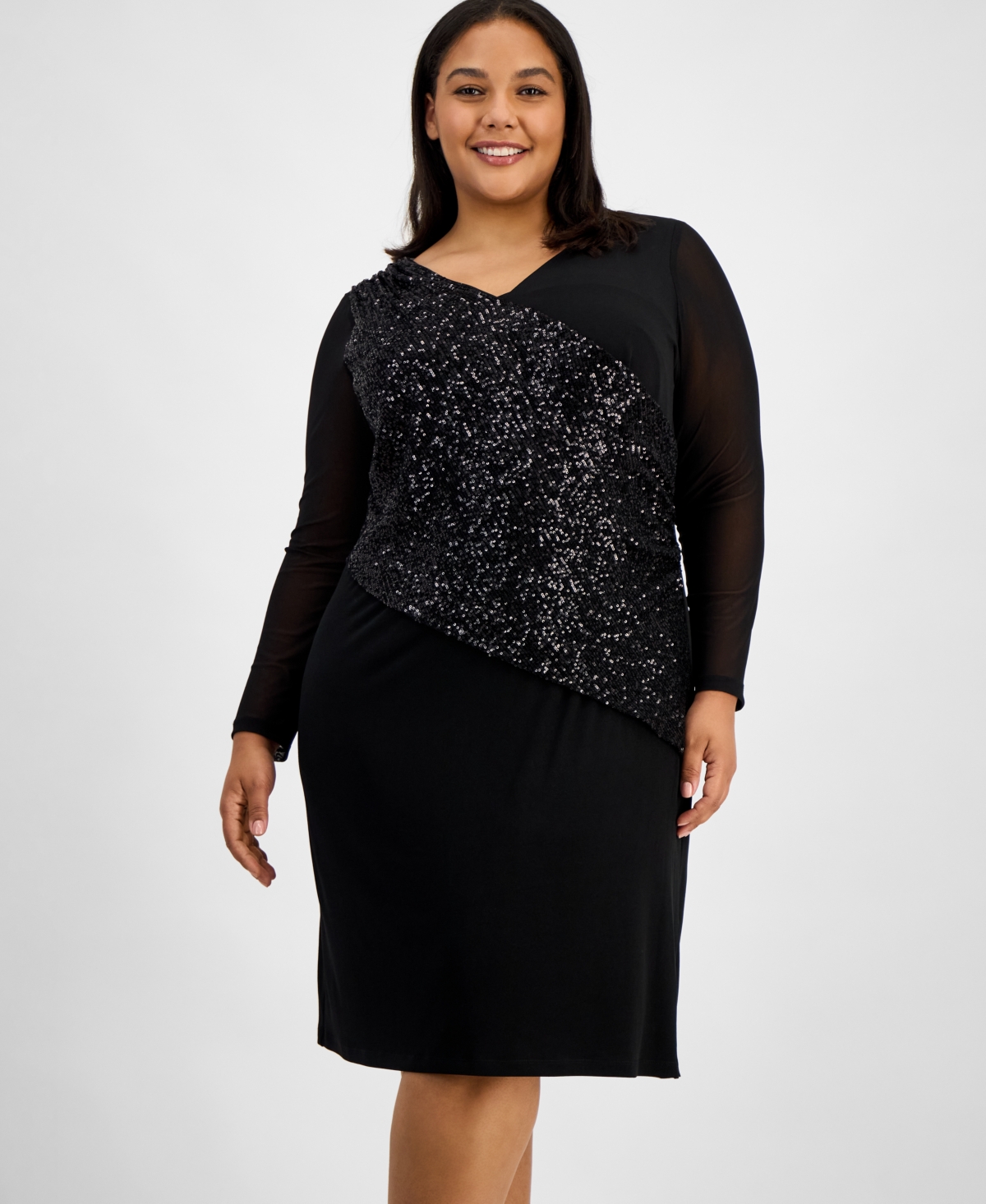 Connected Plus Size Asymmetric Sequin Panel Dress In Black