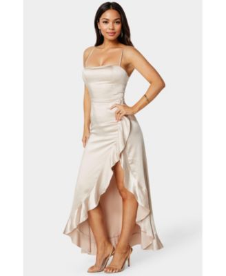 Women's Satin Ruffle Maxi Lace Up Back