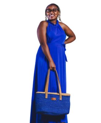 Nourishment Rectangular Handmade Laptop Work Sisal Straw Blue Basket Tote Handbag