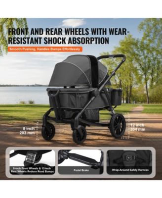 Toddler All-Terrain Stroller Wagon with 2 Seats Foldable Design Canopy Snack Tray and Cup Holders