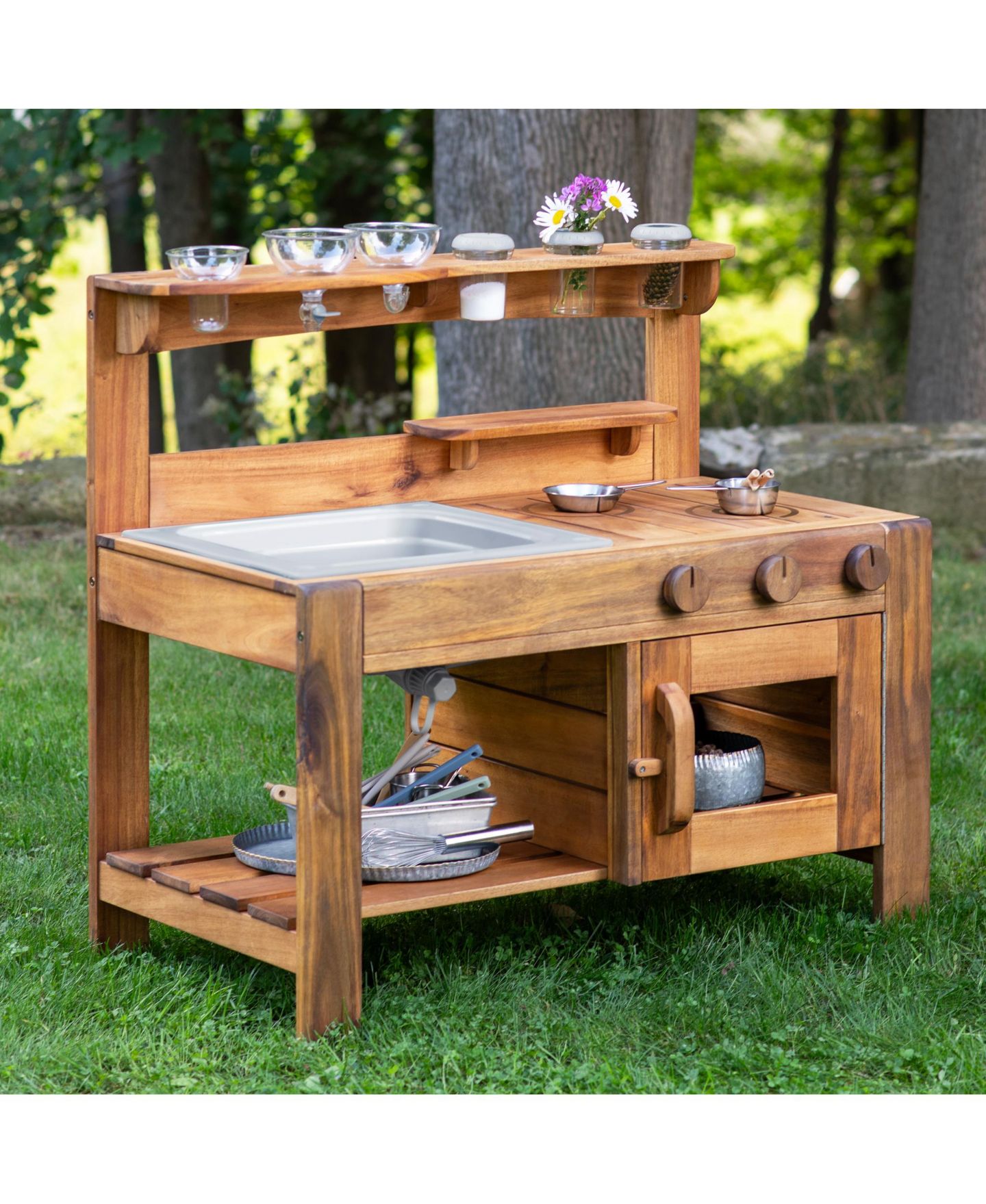 Детский игровой набор Guidecraft Acadia Kids' Outdoor Mud Kitchen Playset - Pretend Play Kitchen with Sink, Stove, and Accessories Wooden Backyard Playset, цвет: Acacia — фото 1