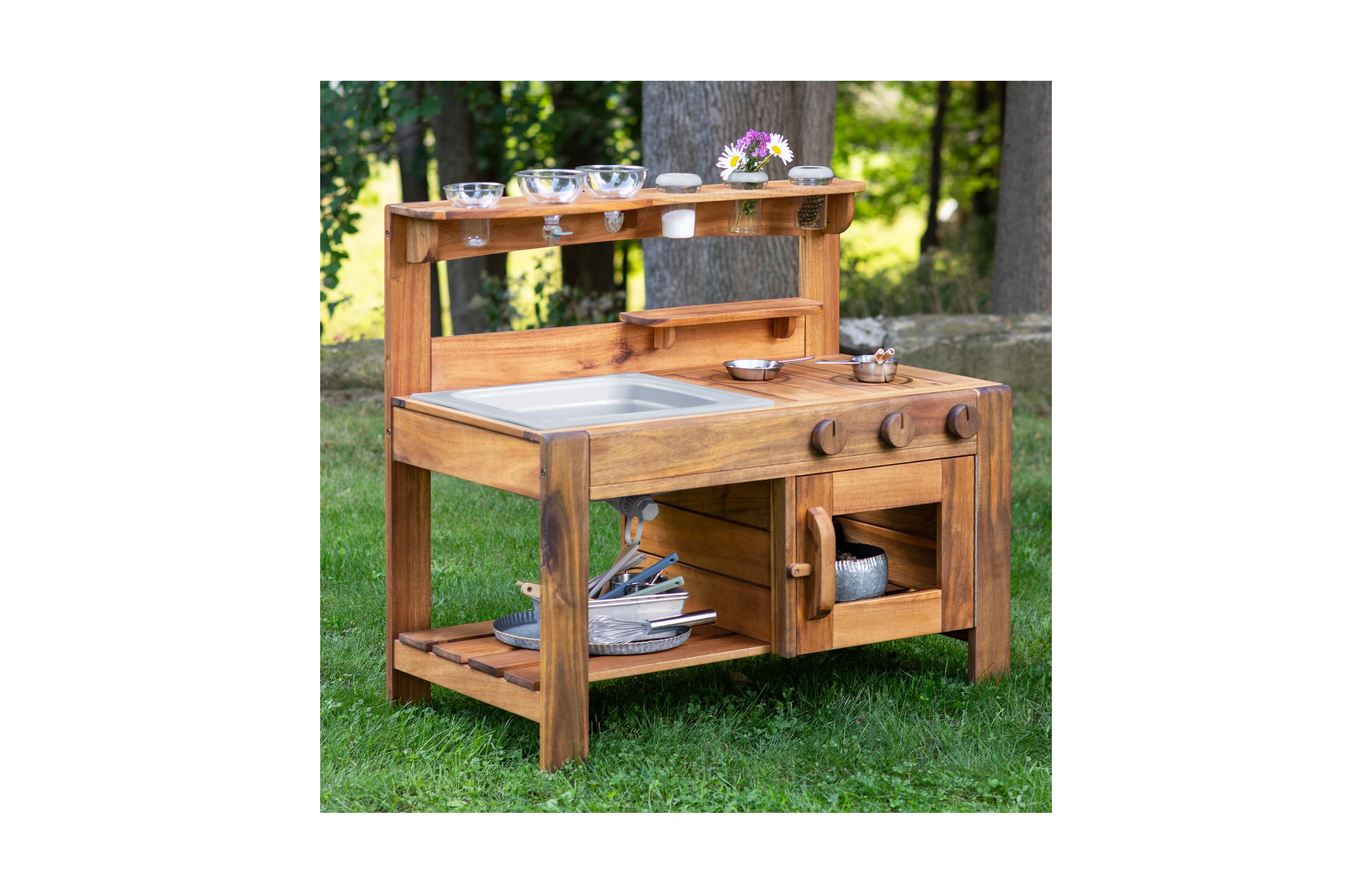 Guidecraft Acadia Kids' Outdoor Mud Kitchen Playset - Pretend Play Kitchen with Sink, Stove, and Accessories | Wooden Backyard Playset