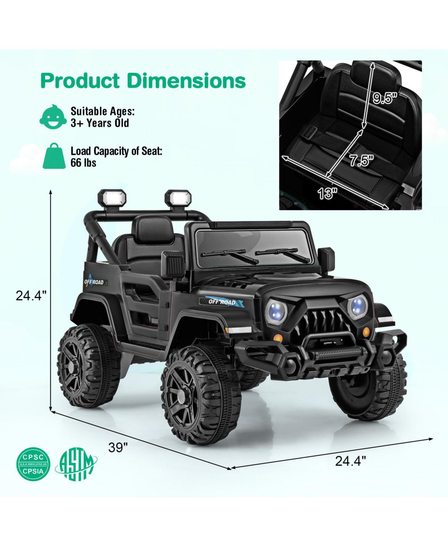 Детская игрушка Mecale 12V Kids Ride on Truck Car with Remote Control Threaded Wheels and 3 Speeds, цвет: Чёрный — фото 3