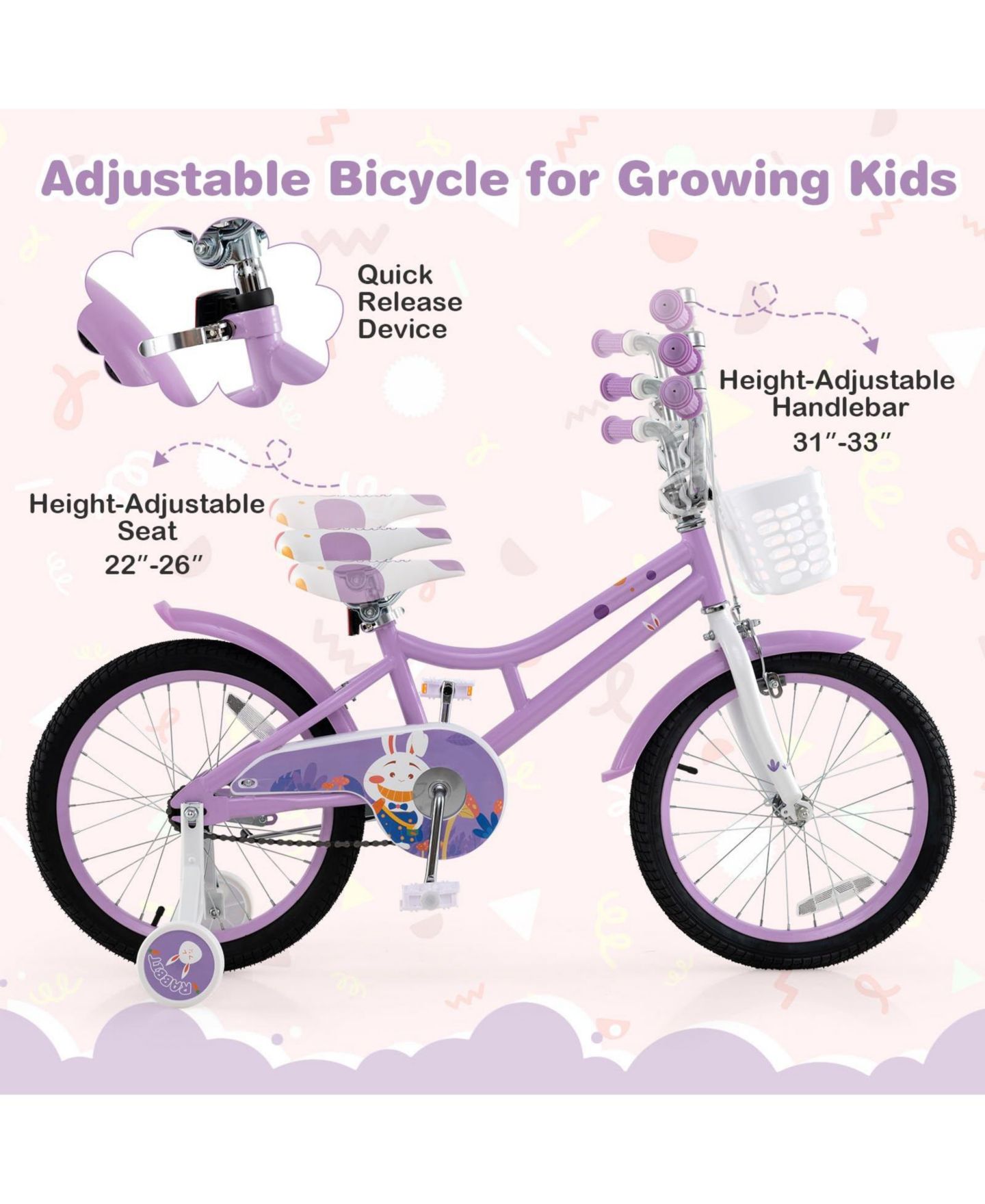Детская игрушка Mecale 18 Inch Girl Bike with Basket with Detachable Training Wheels for 4-8 Years Old, цвет: Фиолетовый — фото 4