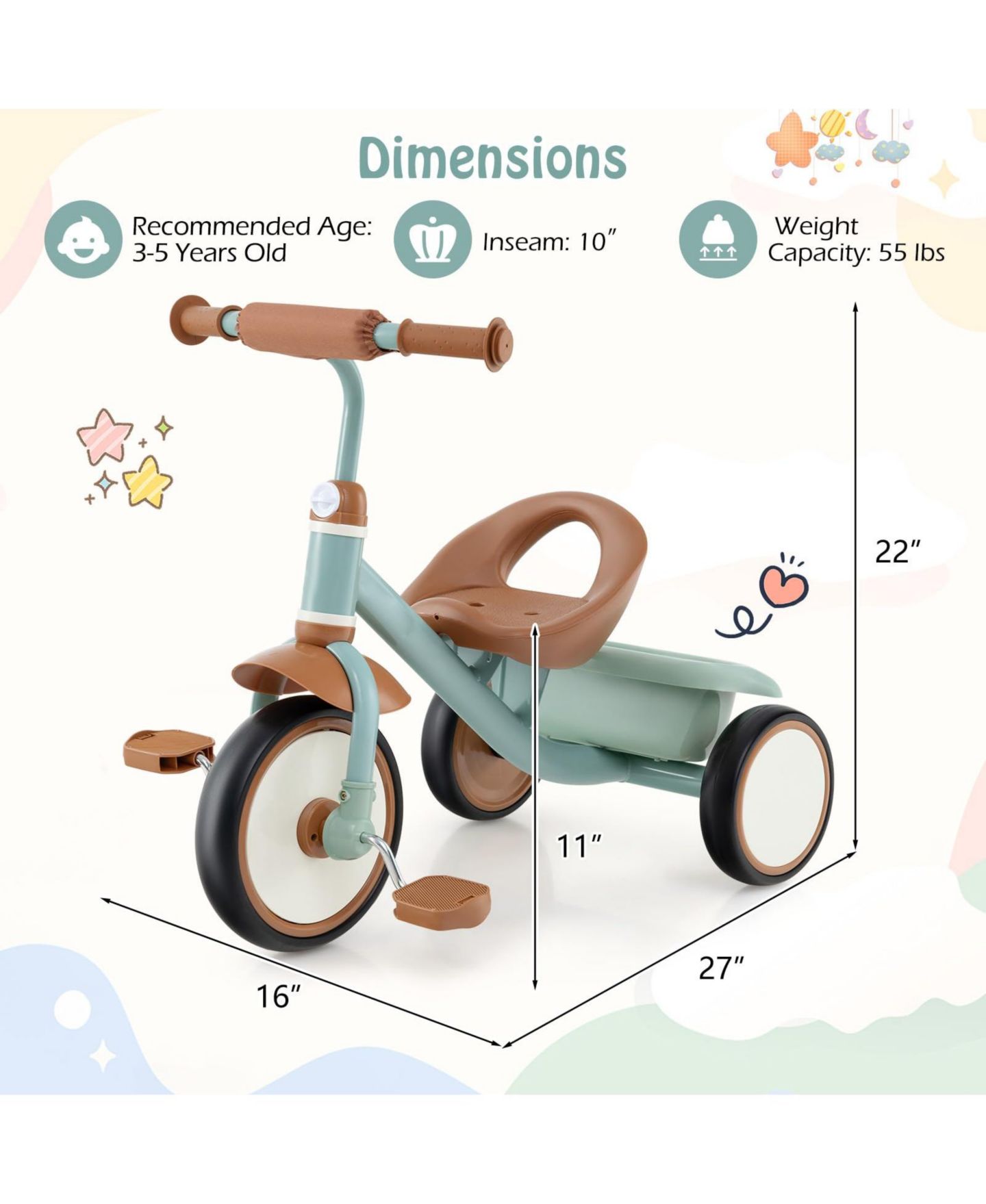 Детская игрушка Mecale Toddler Tricycle Kids Trike with Adjustable Seat and Storage Basket Aged 3-5 Years Old, цвет: Зелёный — фото 3