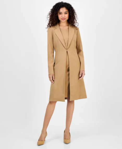 Women's Topper Jacket & Sleeveless Dress Suit Set, Regular & Petite - Camel