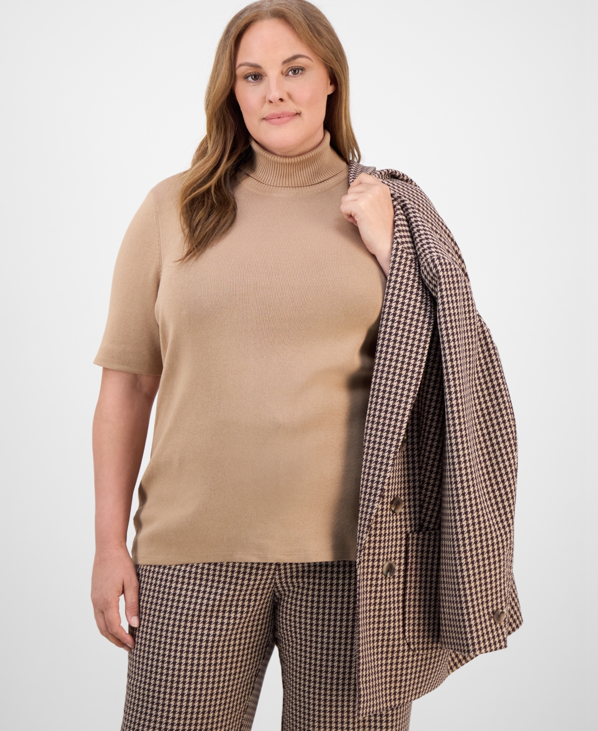 Anne Klein Plus Size Short-sleeve Turtleneck Top In Brown