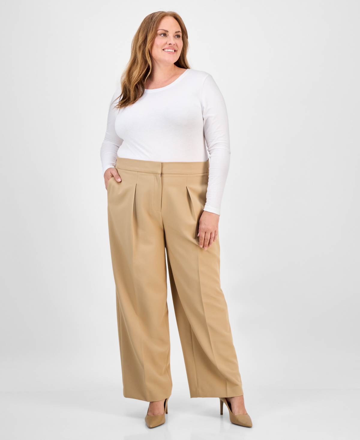 Anne Klein Plus Size Twill High-rise Pleated Wide-leg Pants In Brown