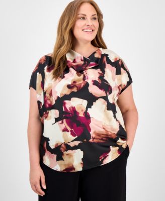 Anne Klein - Plus Size Floral-Print Cowlneck Top