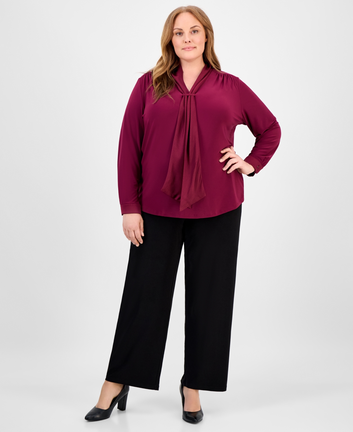Anne Klein Plus Size Gathered V-neck Top In Burgundy