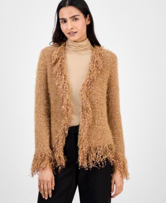 Anne Klein - Women's Collarless Open-Front Fringe-Trim Cardigan