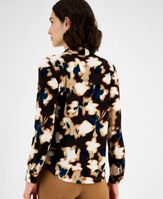 Petite Printed Tie-Neck Long-Sleeve Blouse