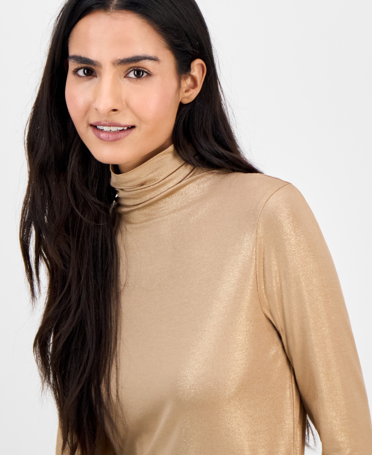 Anne Klein Shimmer Turtleneck Long Sleeve Top In Brown