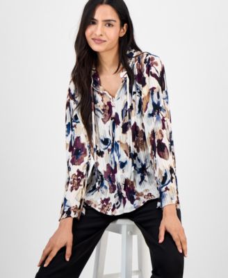 Women's Printed Pleated Split-Neck Blouse
