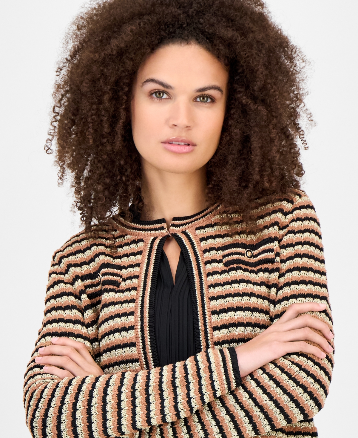 Anne Klein Plus Size Long-sleeve Front-pocket Cardigan In Brown