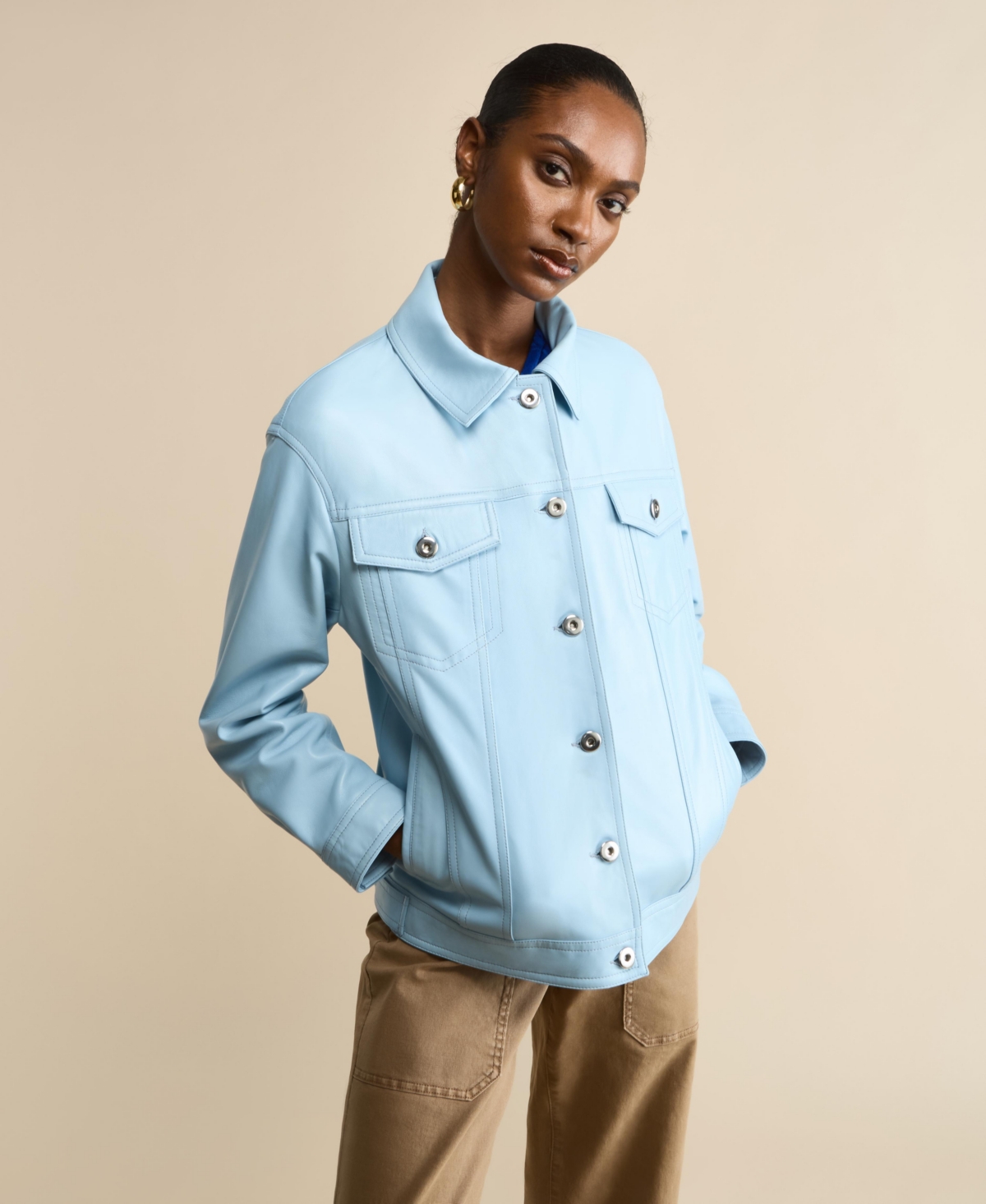 Women's Leather Shirt Jacket, Created For Macy's - Light blue