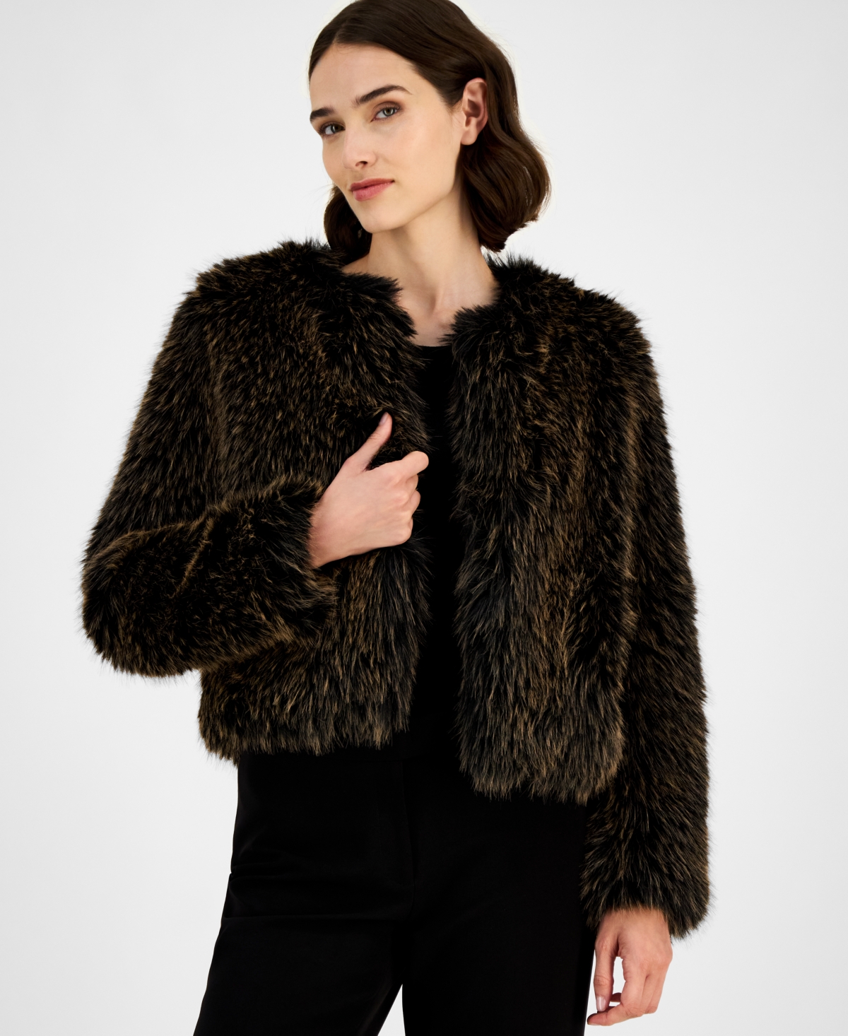 Anne Klein Women's Cropped Faux-fur Jacket In Brown