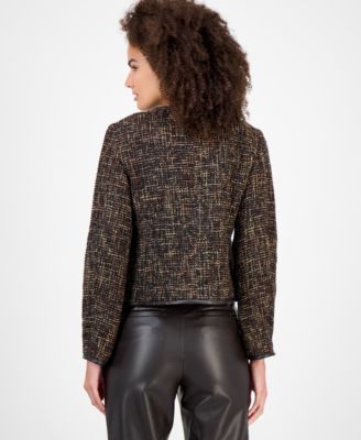 Petite Collarless Tweed Button-Front Jacket 