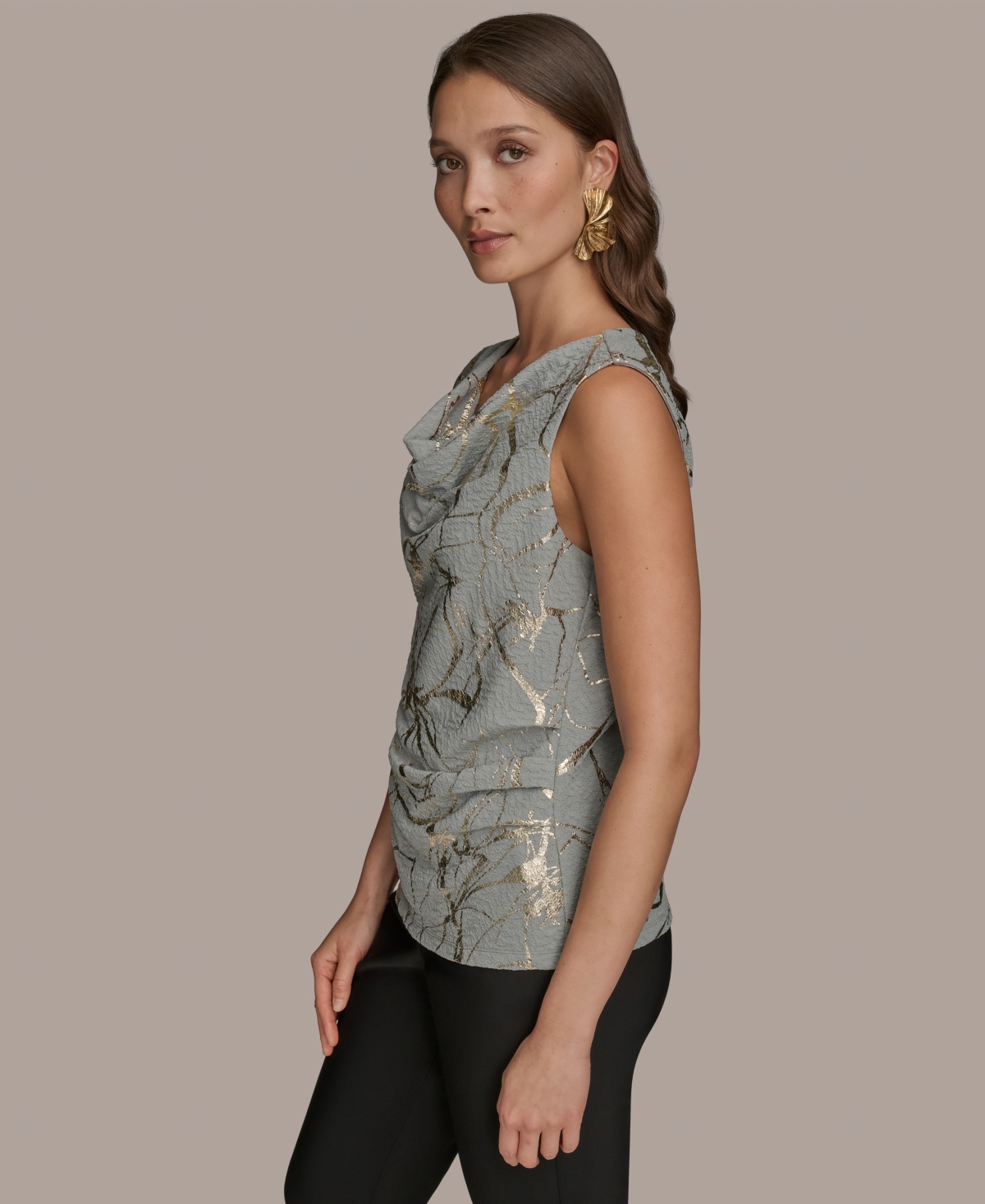 Donna Karan New York Foiled Sleeveless Cowl Neck Top In Gray
