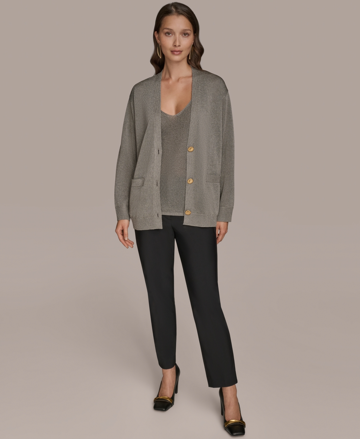 Donna Karan Women's Long-sleeve Metallic Three-button Cardigan Sweater In Gray