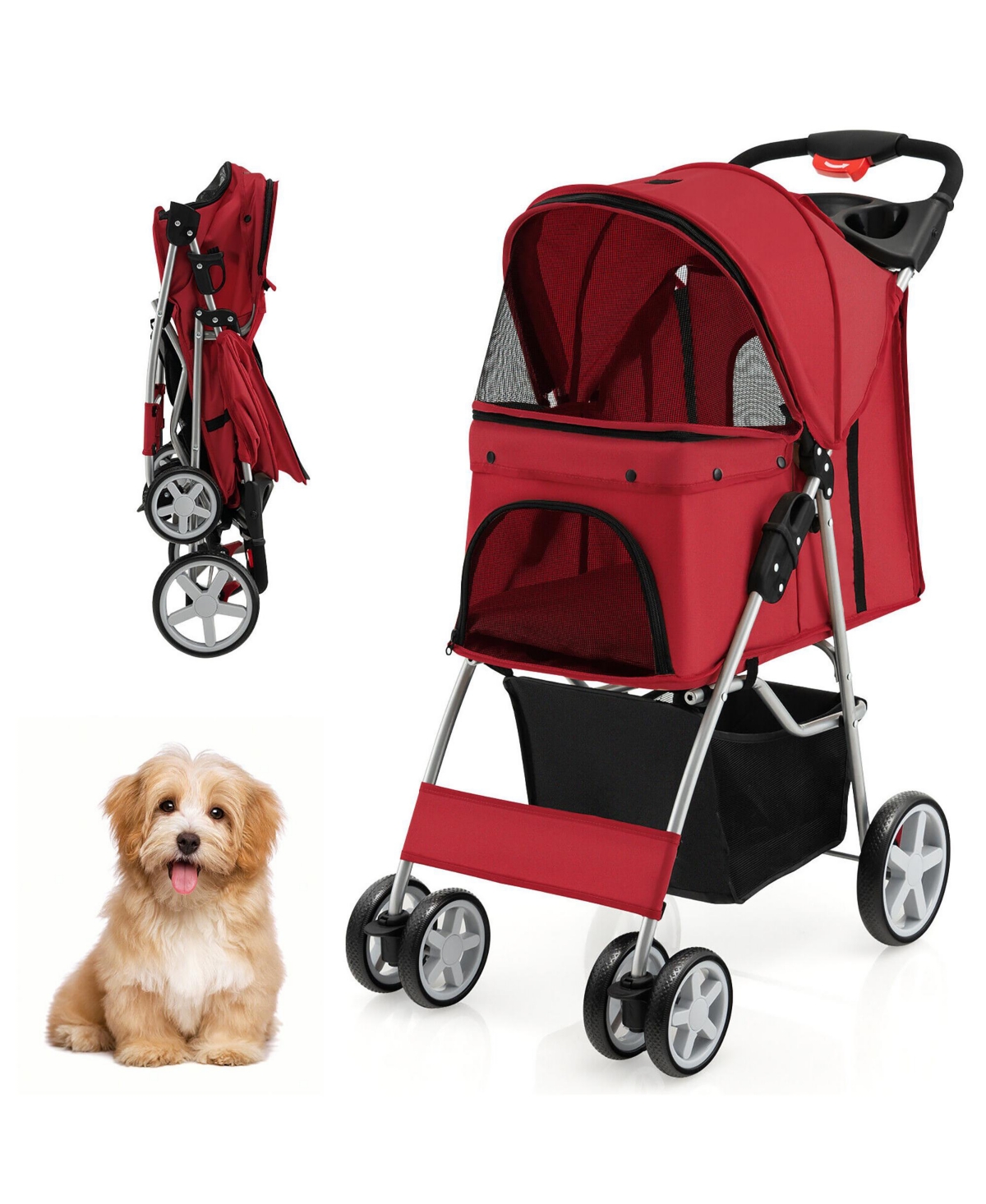 4 Wheel Pet Stroller w/ Storage Basket & Tray Adjustable Canopy Pets - Red