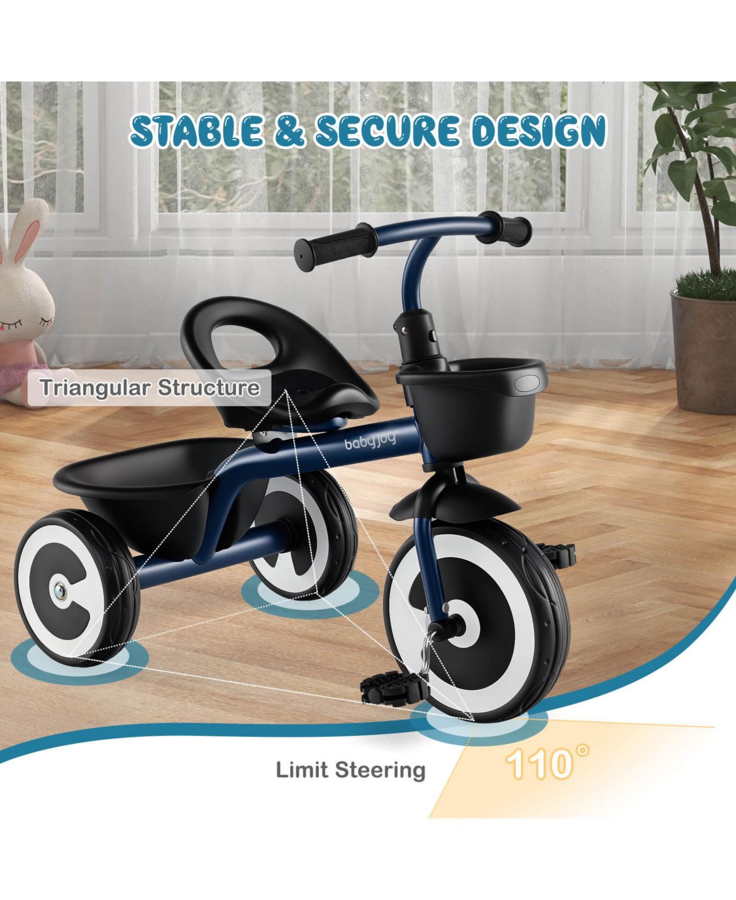 Детская игрушка Costway Toddler Tricycle with Adjustable Seat and Storage Baskets, 55 lbs Capacity, Ages 1.5-5 Years, цвет: Чёрный — фото 6