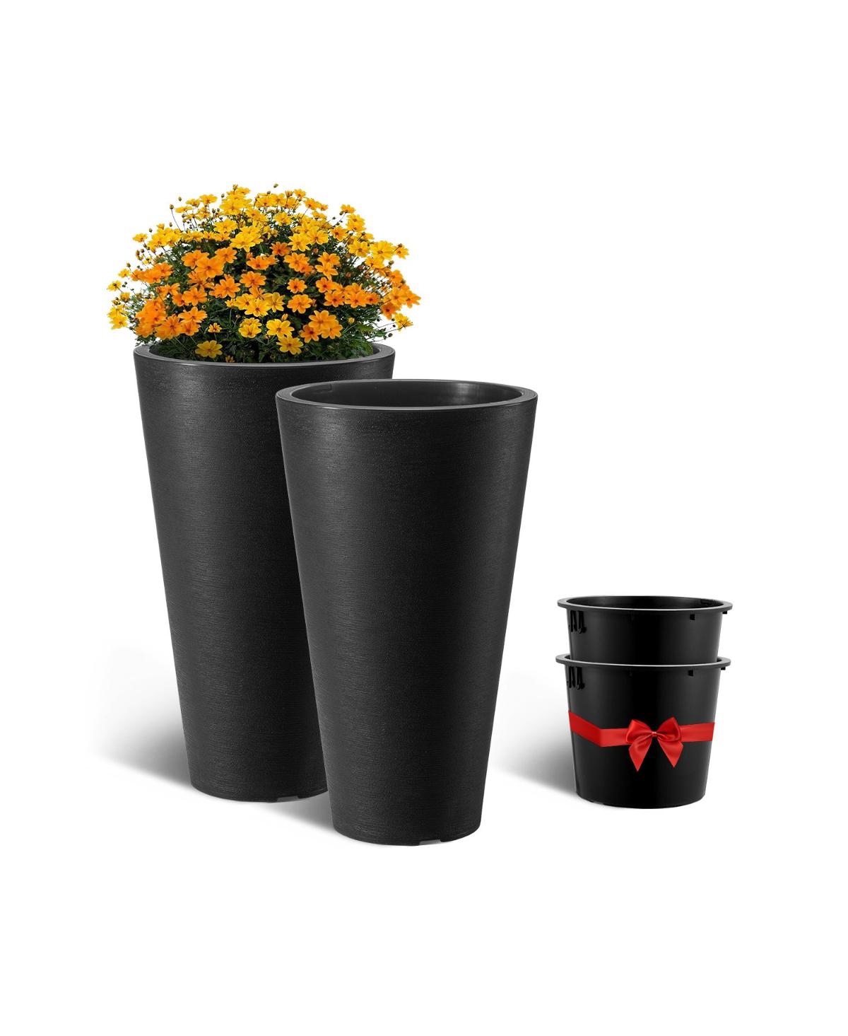 Tall Planter Set of 2 Round Tapered Plant Pots for Outdoor Indoor - Black