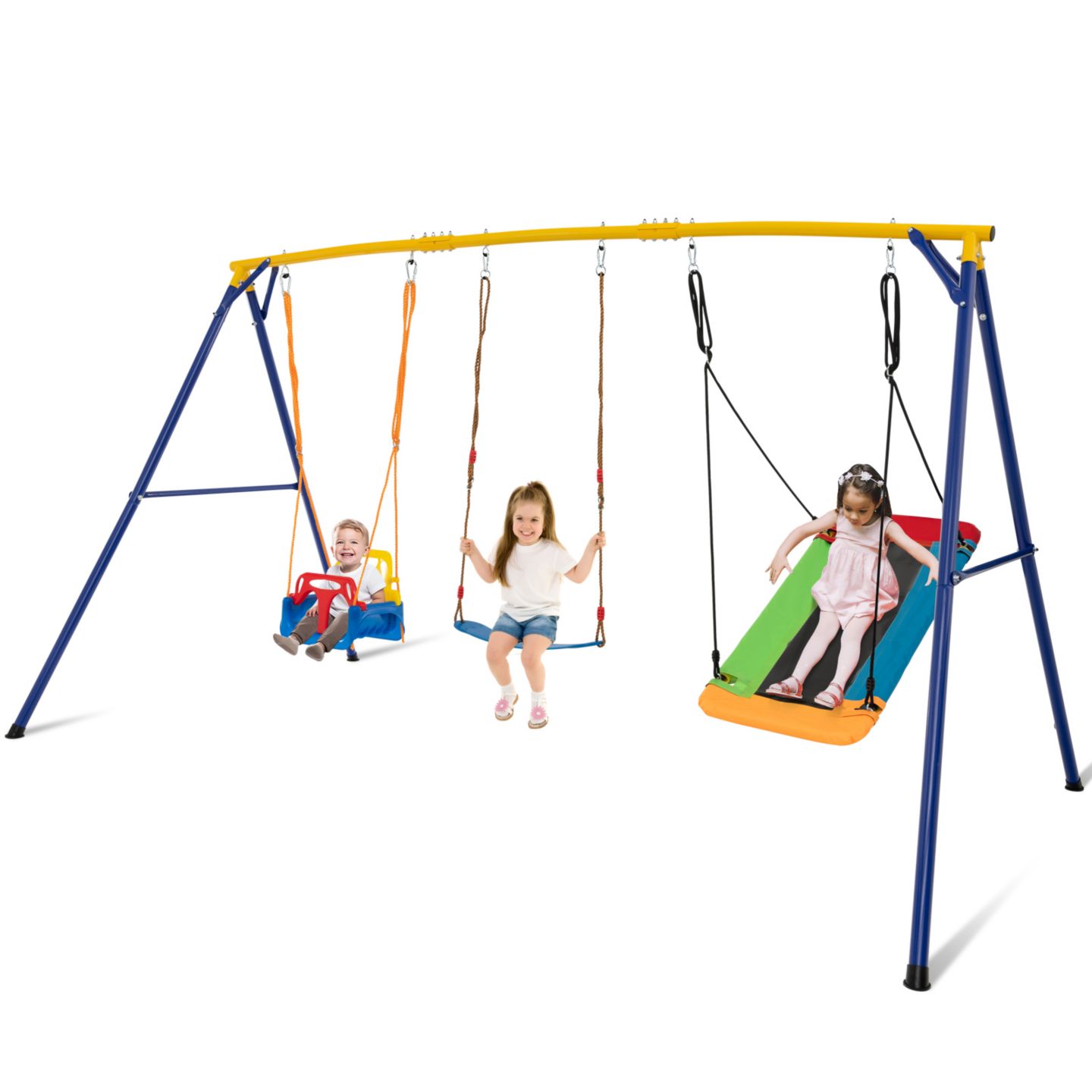Детские игрушки Gymax 3-in-1 Kids Carbon Steel Adjustable Swing Set, 660 Lbs, Ages 3-10, цвет: Жёлтый синий — фото 1