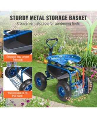 Garden Scooter Cart with Wheels Swivel Seat Tool Tray and Handle for Outdoor Tasks