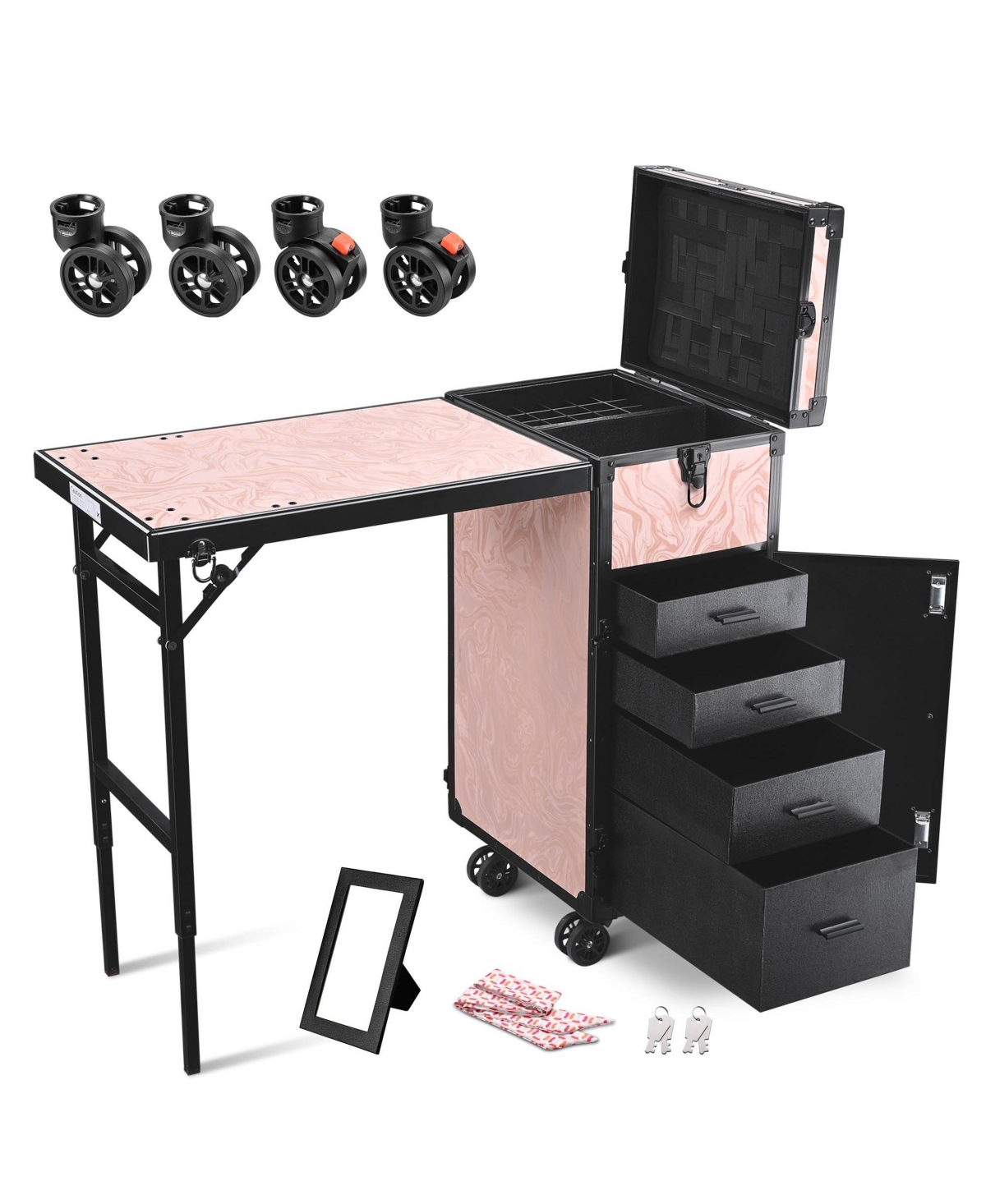 Rolling Cosmetic Case Nail Table Kit w/ 4 pcs Replacement Wheels Pink - Natrual