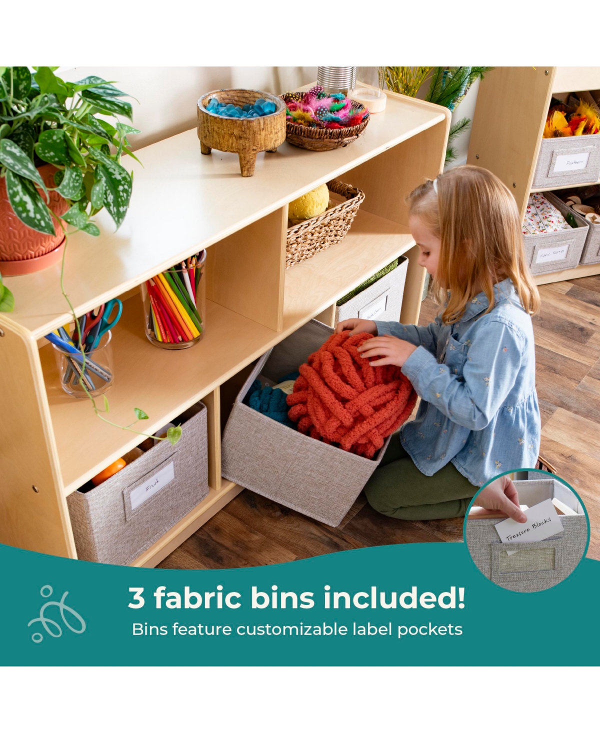 Guidecraft EdQ 2-Shelf 5-Compartment Storage 24" - White: Wooden Classroom and Playroom Bookshelf with Bins for Kids Toys Books