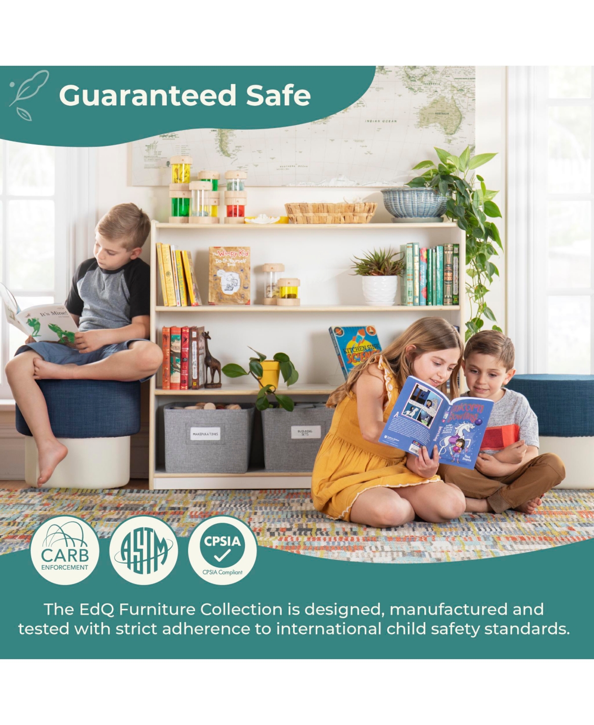 Guidecraft EdQ 3-Shelf Open Storage 36" - Natural: Children's Wooden Home and Classroom Toy Book Organizer with Shelves Bins