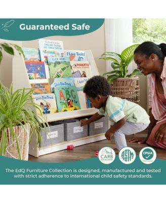 EdQ Book and Bin Display - White: Children's Wooden Bookcase with Shelves and Storage Bins for Kids' Books and Toys