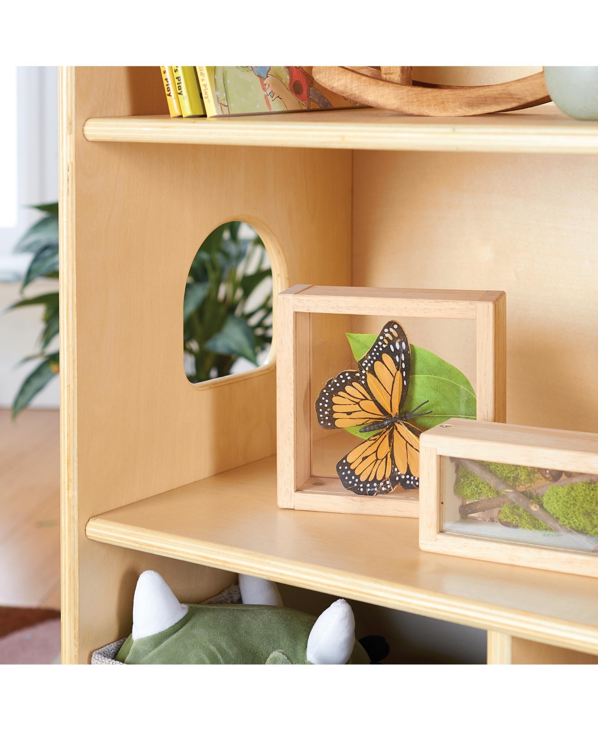 Guidecraft EdQ Dollhouse Bookshelf - Natural: Wood Kids' Pretend Play Furniture for Playroom and Classroom with Bins for Toys and Dolls