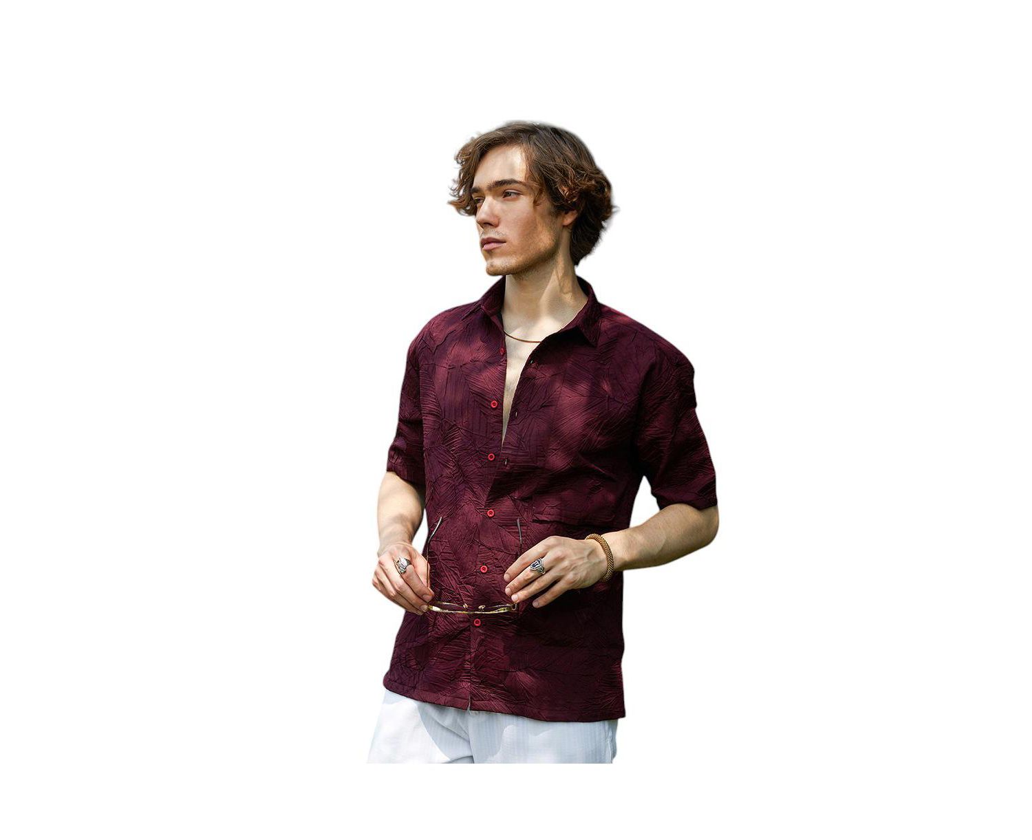 Men's Wine Red Foliage-Tactile Shirt