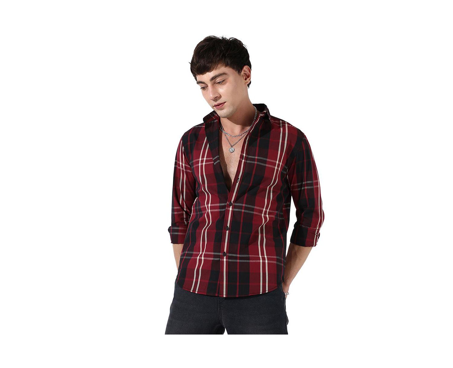 Men's Plaid Red Cotton Shirt