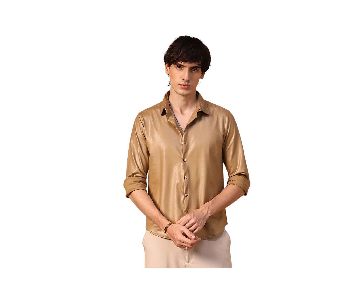 Men's Camel Brown Solid Suede Shirt